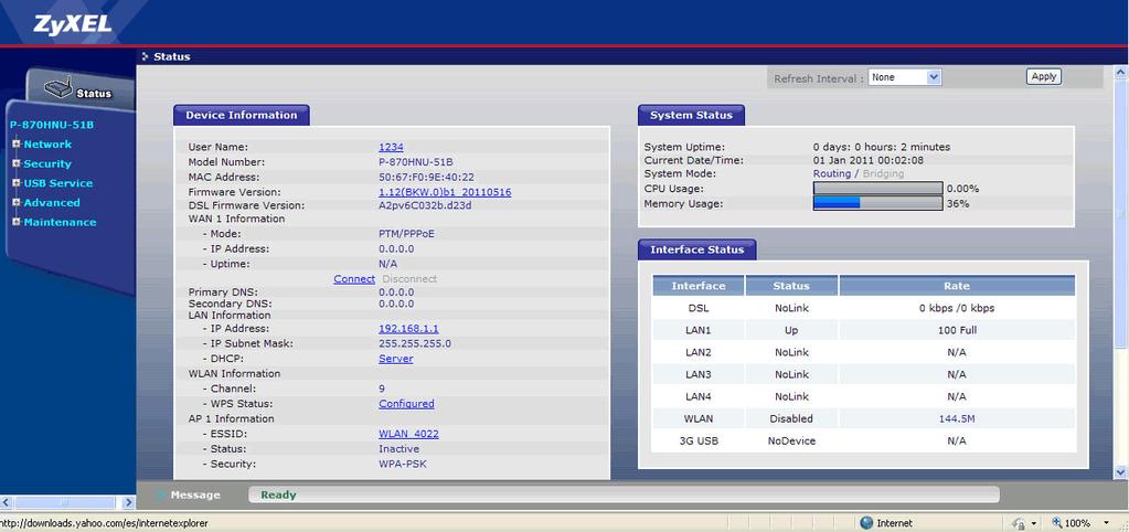 FACTORY DEFAULT SETTINGS Figure 2-2: Web GUI main page In next section you will find how to make some basic operations using the web configurator embedded in this ADSL router.