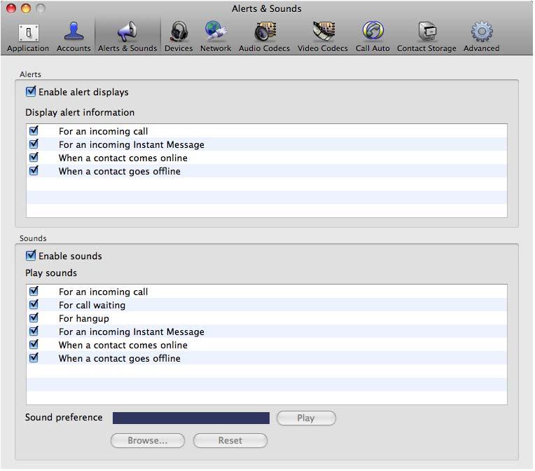 CounterPath Corporation Preferences Alerts & Sounds This panel lets you control the alert box and lets you assign sounds.