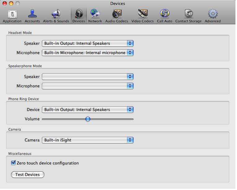 Using Bria 3.0 for Mac Enterprise Deployments Preferences Devices Bria automatically detects devices at each startup, and selects the most appropriate device for each purpose.