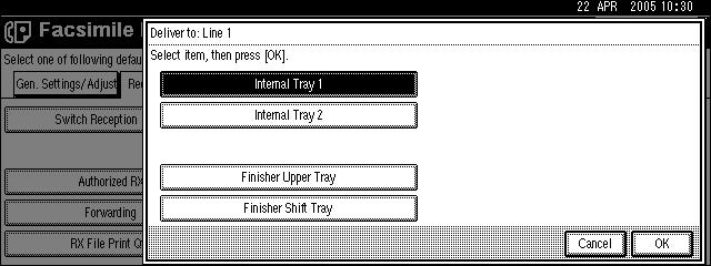 Reception Settings D Select [On] to select a paper tray. If you select [Off], the received fax is delivered to a default tray. E Select the line type.