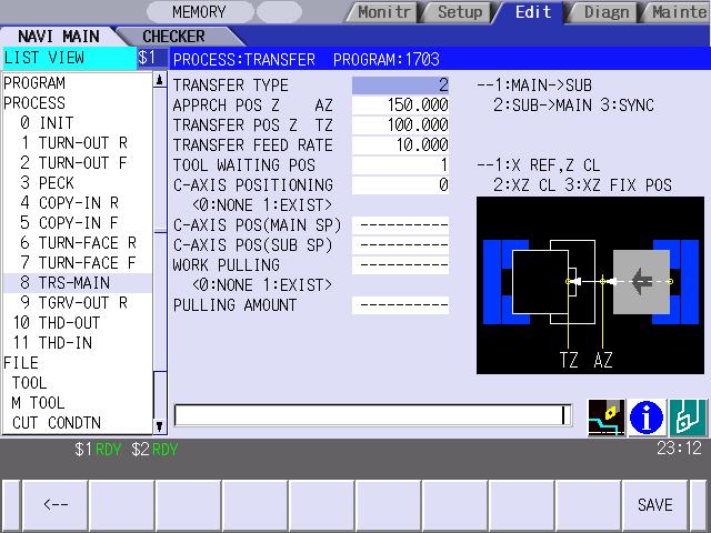 4.3 Screen Related to the Process Edit Functions 4.3.16 Transfer Screen The parameters for the transfer process between the main and sub spindles and those for the workpiece transfer from the sub
