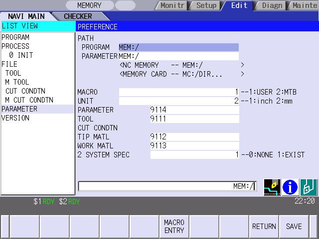 4.5 Screen Related to the Parameters 4.5.2 PREFERENCE Screen Prior to the NAVI LATHE operation, system setups are done on this screen. The followings are the items to be setup.