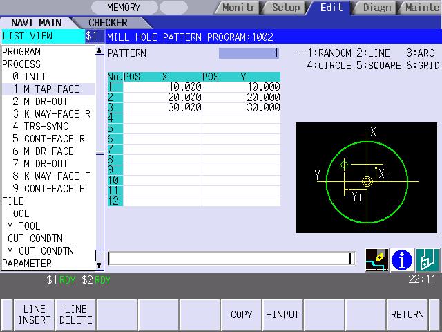 4.3 Screen Related to the Process Edit Functions (2) Hole Drilling Pattern Screen Various parameters for hole drilling patterns are input on this screen.