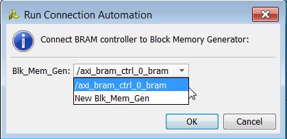 connection as seen in Figure 30: Connect to the recently added /axi_bram_ctrl_0_bram, Add a new Blk_Mem_Gen core and connect the