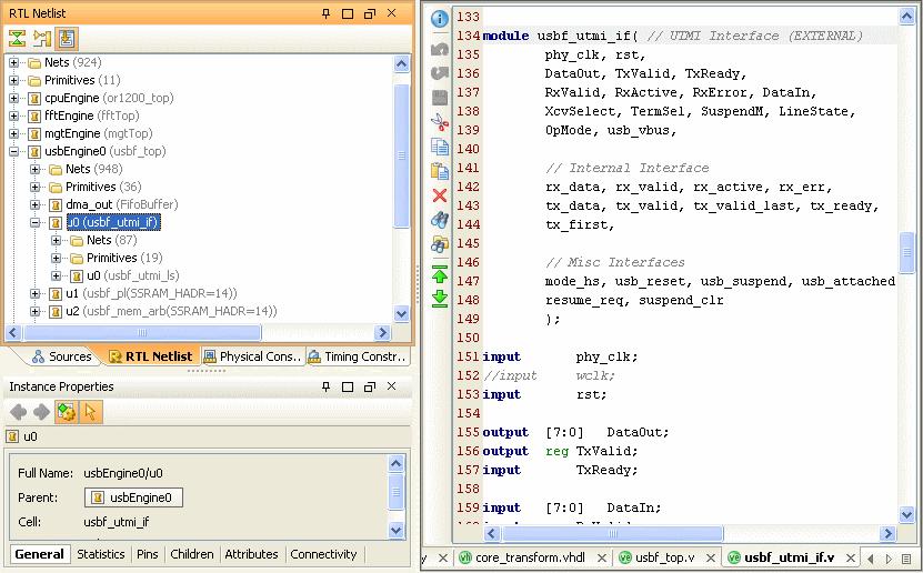 Figure 16: RTL Logic Hierarchy Screen 3-3-4. In the RTL netlist view, select the Show Source popup menu command, and see that the RTL line containing the usbf_utmi_if code opens in the RTL Editor.
