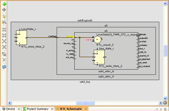 3-5-2. Outside the u0 module double-click on the LineState pin to expand the logic (Figure 19). 3-5-3. Zoom Fit the RTL Schematic view.