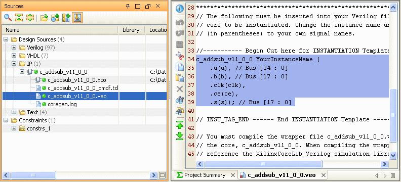 Figure 30: Viewing the Instantiation Template 7-2-4. Select the text in the RTL Editor, as shown above, and select the Copy button. 7-2-5. In the Sources view, expand the Verilog folder. 7-2-6.