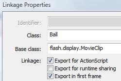 Right Click on the ball_mc in Library, setup Linkage in the properties-panel 3.