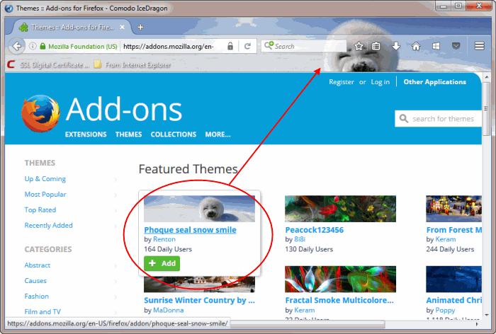 If you want to install a Persona, click the 'Add' button To browse available themes, click the 'Most Popular' to search for themes according to