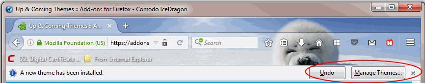 The theme will be downloaded and installed. Firefox themes also work in IceDragon. Click 'Undo' to reverse the installation.