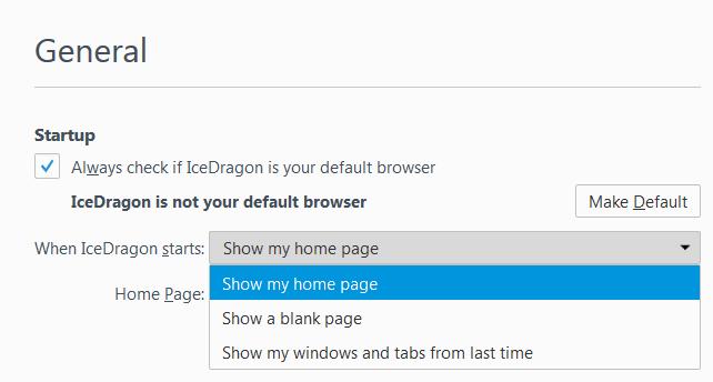 Show my home page - Displays the home page(s). Refer to 'Configuring Home page' for more details on setting up your favorite webpage as home page. Show a blank page - Displays a blank page.