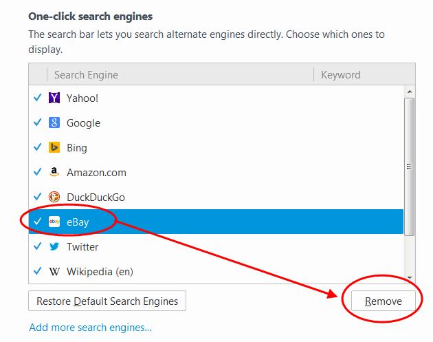 Click 'Restore Default Search Engines' to add a default search engine back to the list. 4.6.
