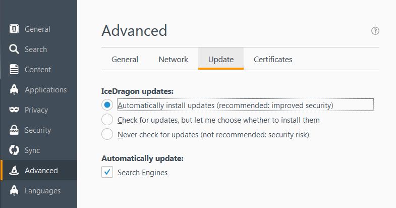 If automatic updates are disabled then IceDragon will not silently install updates. Instead, you will be alerted when updates are available via the notification bar.