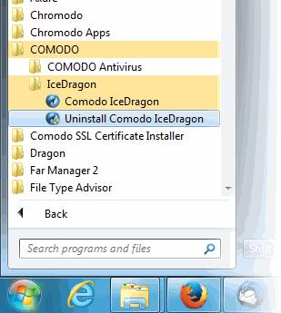 In the list of currently installed programs, click Comodo IceDragon Click the 'Uninstall/Change' button.