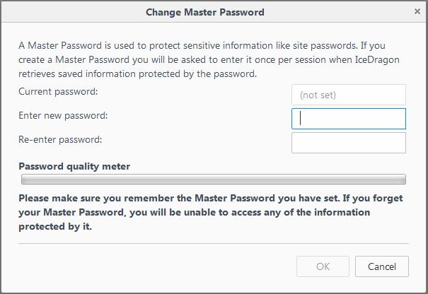 The 'Change Master Password' dialog will be displayed. Enter a password to authenticate in the 'New password' box and then repeat it.