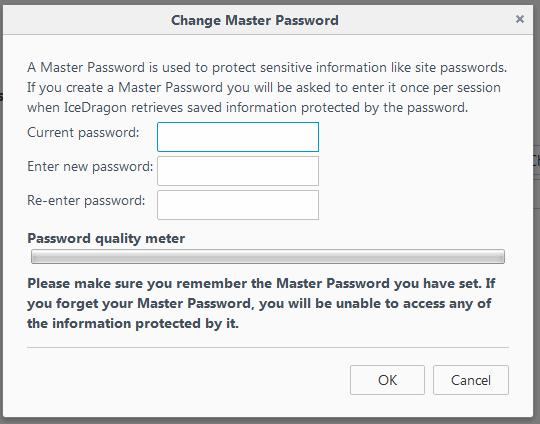 Click the hamburger/ 'Open Menu' button at the top-right corner. Select the 'Options' > 'Security' and choose Click 'Change Master Password'.