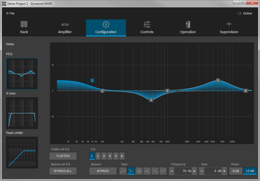 You can activate a filter by clicking and moving the number in the frequency curve, or in the EQ selector.