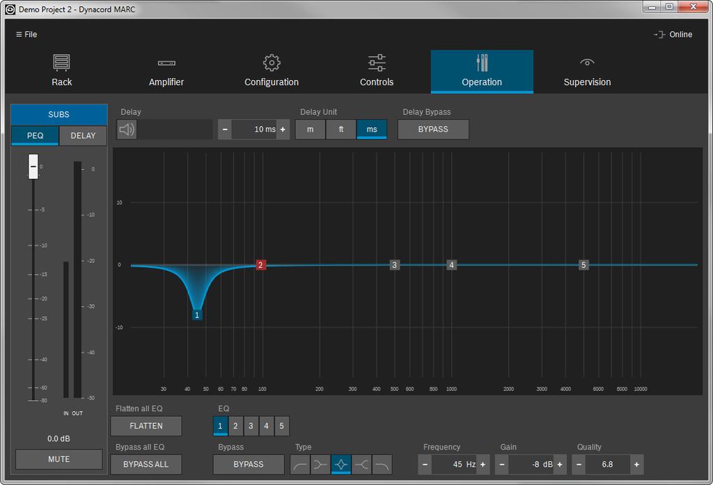 Shaded area is showing filter active 5-band parametric equalizer (PEQ): Filters can be edited by mouse, scroll wheel or entering parameter values.