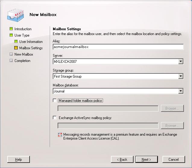 Setting Up Journaling on Exchange Server 2007 Microsoft Exchange Server 2007 5 Select the Organizational Unit in which you want to create the journaling mailbox.