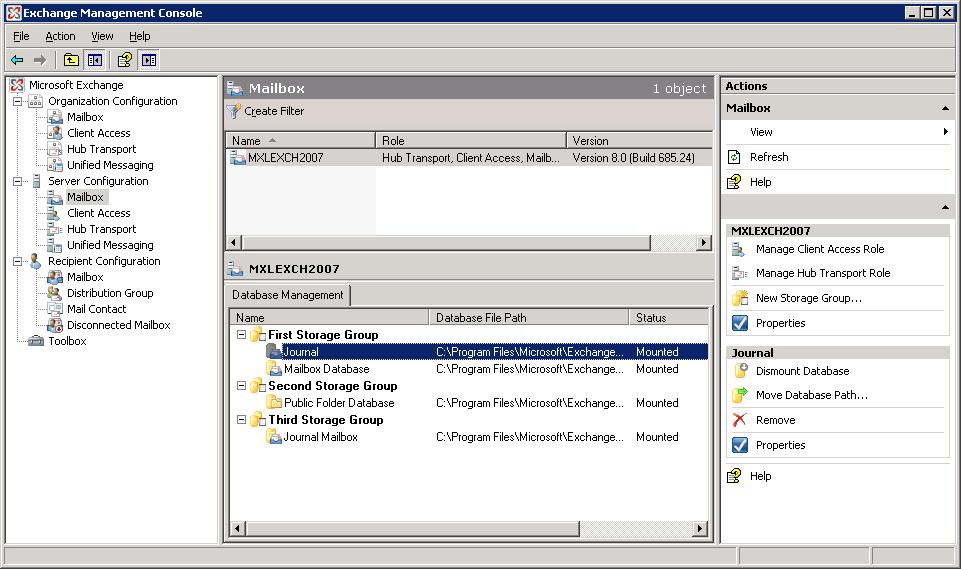 Setting Up Journaling on Exchange Server 2007 Microsoft Exchange Server 2007 3 In the top middle section of the page, select the server for the mailbox database for which you want to enable