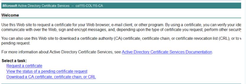 1. Open CA server to sing this CSR http:<ca Server ip address>/certsrv/. 2. Click Request a certificate. 3. Click Advanced certificate request. 4.