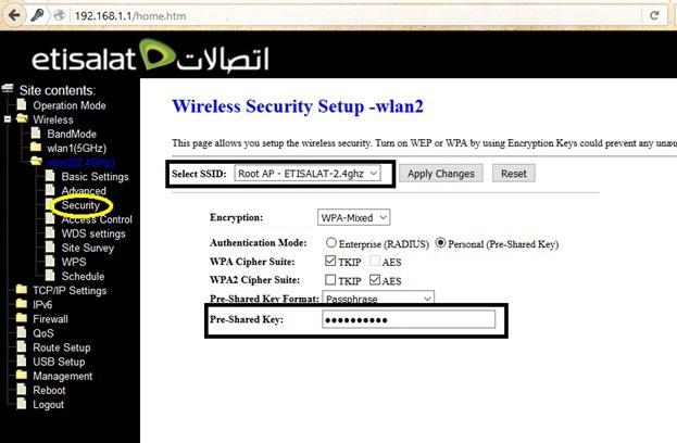 WIRELESS SECURITY In the Wireless Settings page, click Security Settings. The page shown in the following figure appears. Select the SSID that you want to configure from the drop-down list.