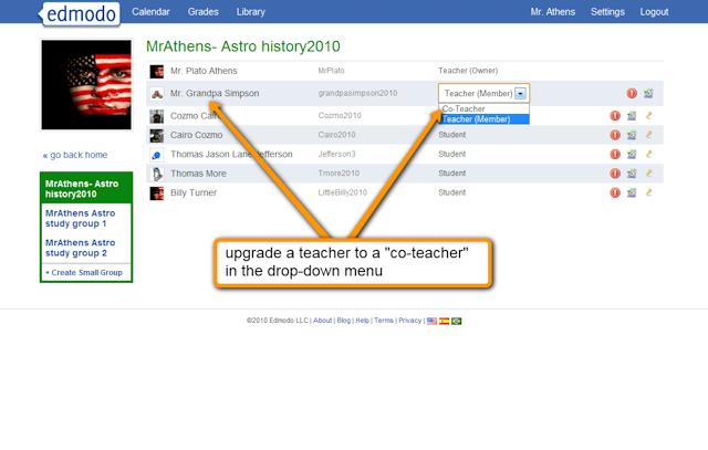 Once the co-teacher has joined, the group s creator can then call up the teacher s profile by highlighting the group name (hovering over), located in the left-hand column of the home page.