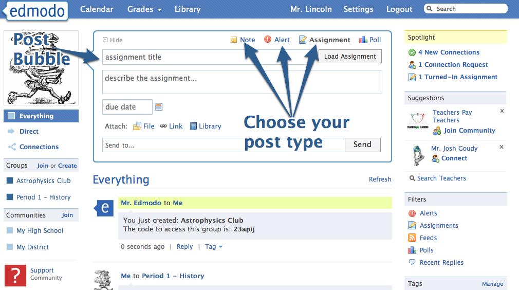 For teachers: Choose note, alert, assignment, or poll by clicking on the corresponding link. For notes and assignments, you can attach files and links from your computer or Edmodo library.