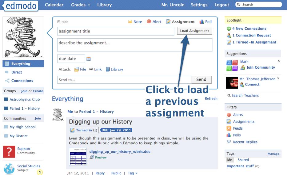 Assignments For teachers, handing out and managing assignments is a breeze with Edmodo. Here s how to post an assignment: In the post bubble, click on the Assignment from the options on the right.