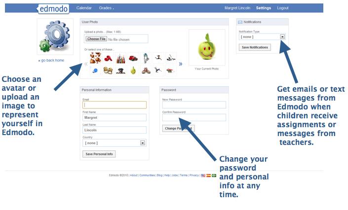 Navigate the Parent Account Settings Page: From the Parent Account settings page, you can sign up for notification emails about assignments and direct messages from teachers as well as choose an