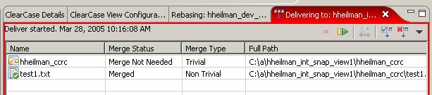 System: o Closes the Deliver from Stream dialog box then displays a progress window to the user. o Opens a Delivering To Eclipse view in which it shows the files being checked out and merged.