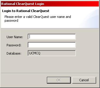 User: Supplies values in the Username and Password fields. The username that the user must supply will be, in ClearQuest terminology, the AuthenticationLoginName (not the UserLoginName).
