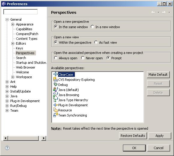 Setting the default perspective to ClearCase An Eclipse perspective is a default layout of how Eclipse should present the capabilities of a specific plug-in.