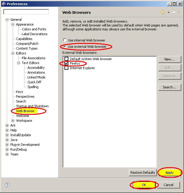 Changing the Web Browser If you require a specific web browser for users to view web pages inside Eclipse, you can change the default (internal browser widget) to a specific browser of your choice.