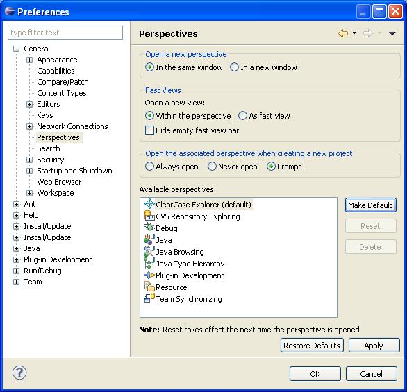 Setting the default perspective to ClearCase An Eclipse perspective is a default layout of how Eclipse should present the capabilities of a specific plug-in.