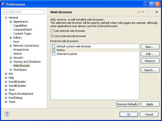 Changing the Web Browser If you require a specific web browser for users to view web pages inside Eclipse, you can change the default (internal browser widget) to a specific browser of your choice.