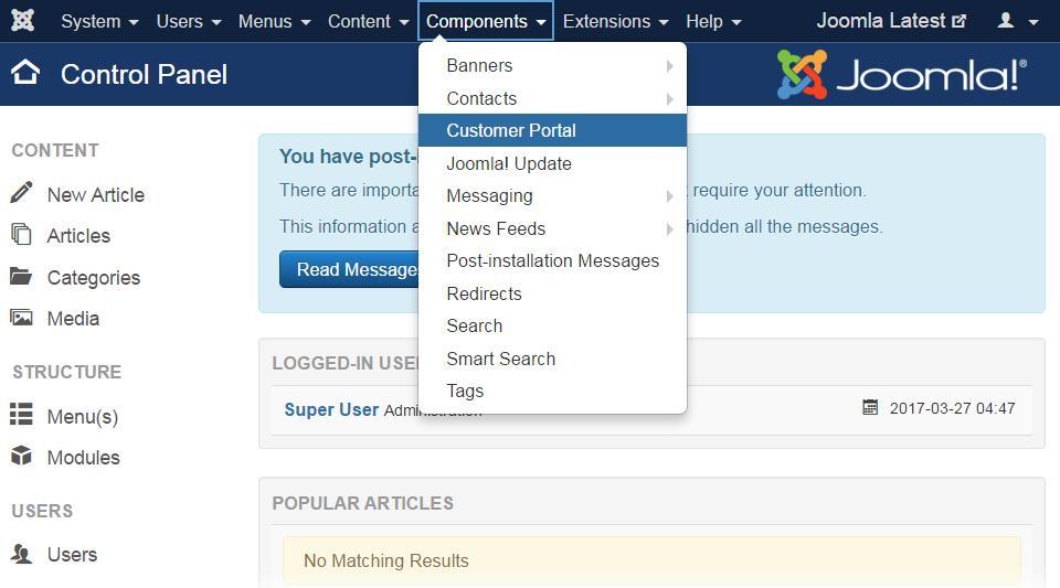 Joomla Configuration Settings To configure the Portal navigate to Components -> Customer Portal Enter your Dynamics CRM instance URL and add