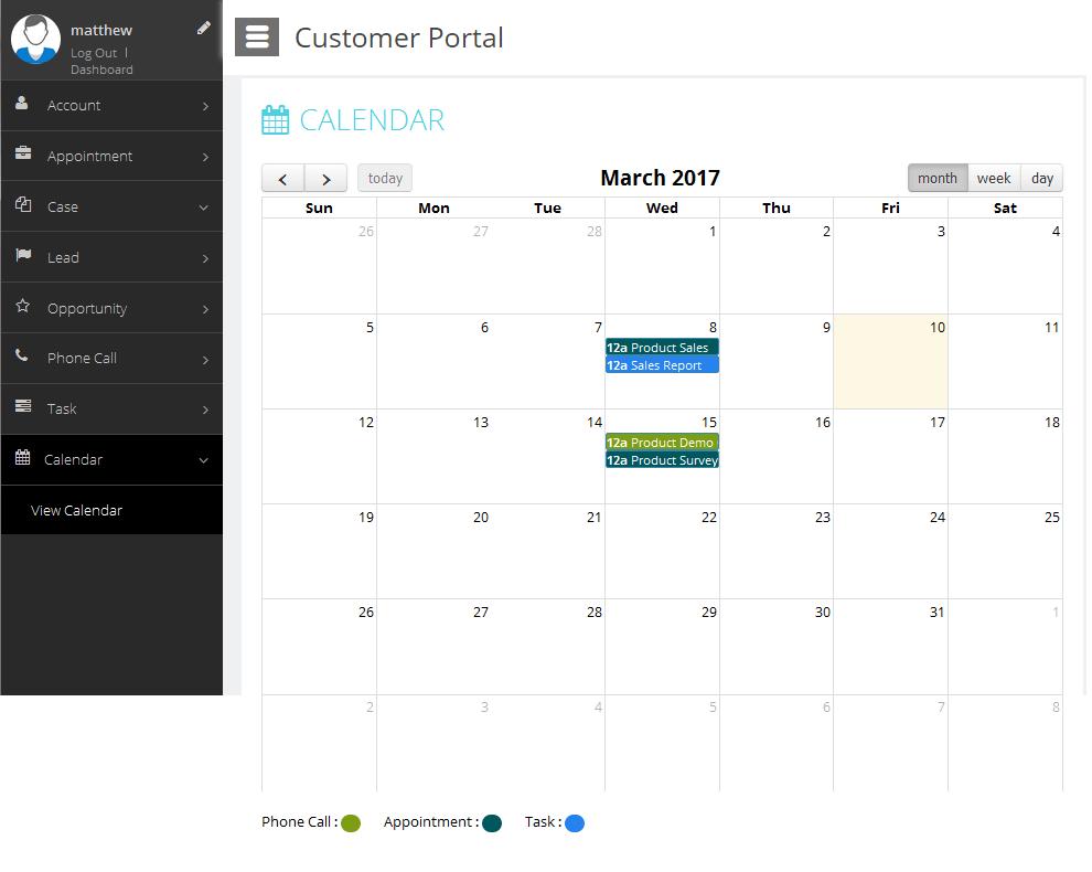 Calendar Page: You can view Phone Calls, Appointments and