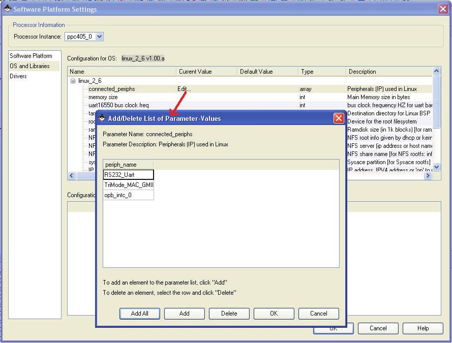 Generating the Test Hardware System In the XPS Software Platform Settings window shown in Figure 16, click on Edit so that the connected_periphs connect the uart, temac, and interrupt controller to