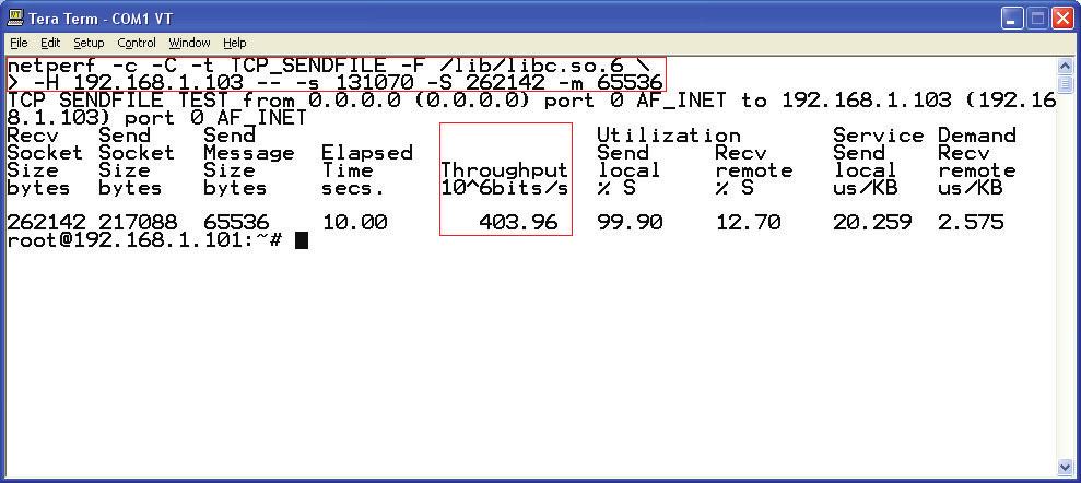 On both the client and the server, use ifconfig (as root) to change the MTU to 8000. Figure 23 shows this for the ML405.