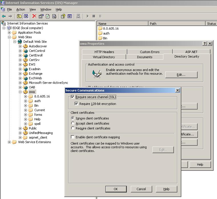 Figure 5: Require SSL and 128 Bit encryption Test the Client Connection After successfully configuring Exchange Server 2007 you can test the connection from one of your