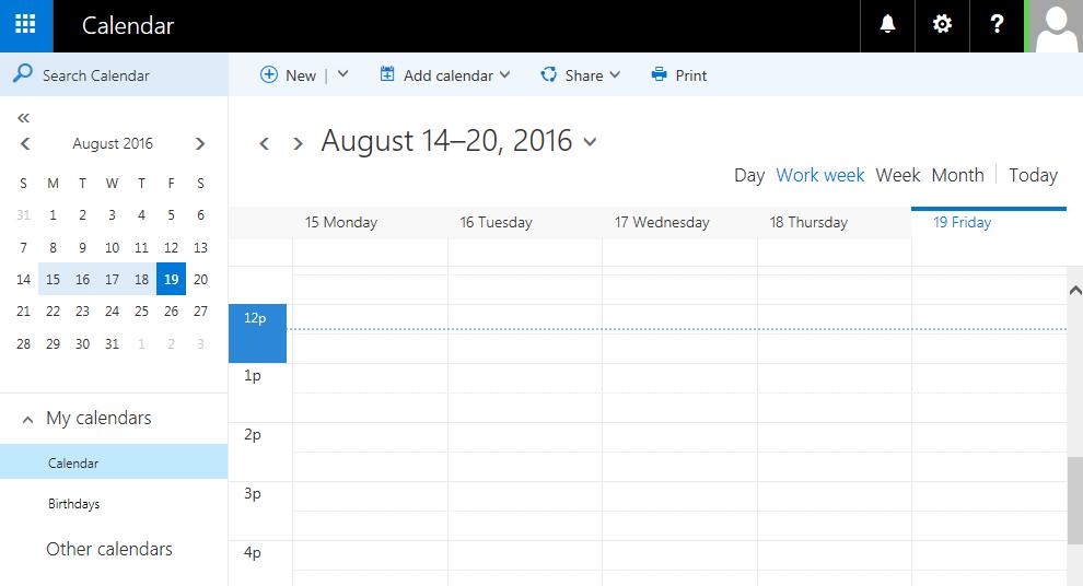 Calendar After your Inbox, the calendar is probably where you ll spend the most time when using Outlook on the Web. A. Create a new event by clicking the New button.