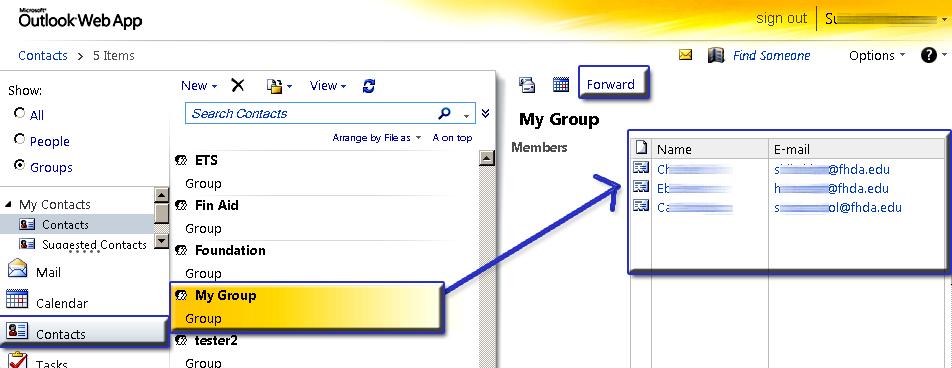 Creating Groups: Go to Contacts (Navigation button in lower left of screen) To display your list of groups, click Show Groups on the left Click on the drop-down arrow next to New at the top of the