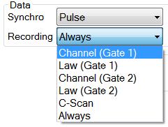 Conditional A-Scan recording New conditional A-Scan recording options have been added. It is now possible to only record the data when a selected gate is crossed.