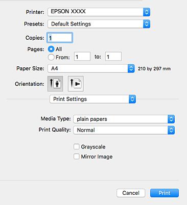 Printing Presets: Select when you want to use the registered settings. Paper Size: Select the paper size you loaded in the printer. Orientation: Select the orientation you set in the application.