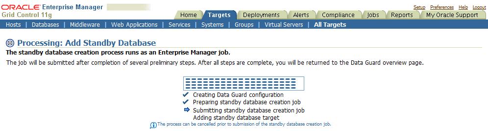 the Standby Database creation Job After some minutes the Data Guard Page shows up indicating that the