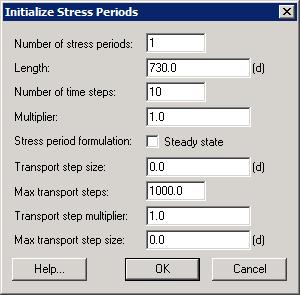 Figure 2. Initialize stress periods dialog. 4. Click OK to exit the Initialize Stress Periods dialog. 5. Select the OK button to exit the Stress Periods dialog.