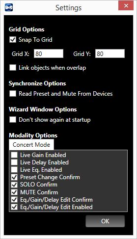 Settings To access this functionality open Menu Options Settings : Snap to grid: devices placed in synoptic snap to the grid;allow to customize the vertical and horizontal grid steps.