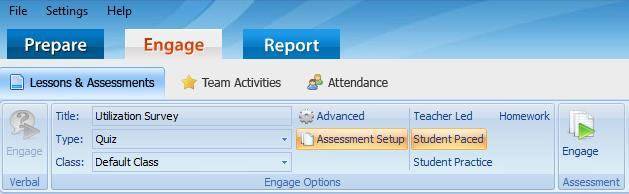 Fast Grade Lessons Click Assessment Setup Click Student Paced Click Engage Assessment.