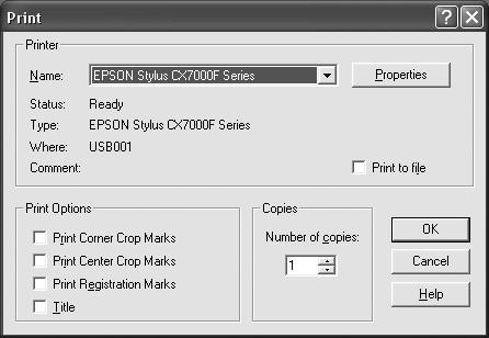 3. Open the File menu and select Print. You see a window like this one: Select EPSON Stylus CX7000F Series 4.